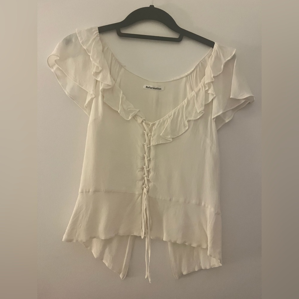 Reformation Cream Blouse with Ruffled Flutter Sleeves